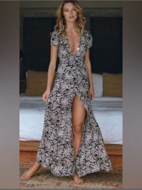 Pampelone Dresses & Skirts - Plunging V-Neck Black and White Floral Maxi Dress